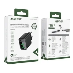 Acefast A86 hálózati töltő - 2xUSB porttal, hálózati töltő, fekete, 12W ﻿-4