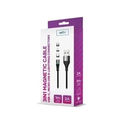 Setty - 3in1 kábel - USB - Lightning / Type-C (USB-C) / MicroUSB cserélhető mágneses fejekkel, fekete szövet kábel 2A, 1 m-2