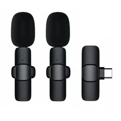 Lavalier K1 - 2db vezeték nélküli csíptethető mikrofon (hosszú szőrű szélfogóval) + Type-C (USB-C) vevőegység, fekete-1