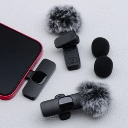 Lavalier K1 - 2db vezeték nélküli csíptethető mikrofon (hosszú szőrű szélfogóval) + Type-C (USB-C) vevőegység, fekete-3