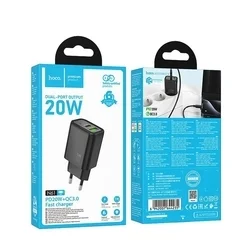 Hoco N61 - USB / Type-C (USB-C) portos fekete hálózati gyors töltőfej, 20W-3