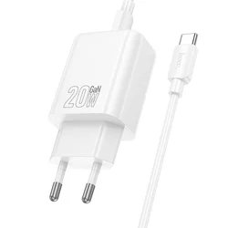 HOCO N61 - USB / Type-C (USB-C) portos fehér hálózati gyors töltőfej, 20W + Type-C / Type-C (USB-C) kábel, 1m-2
