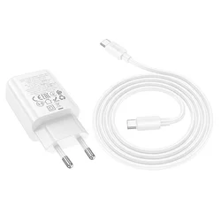 HOCO N61 - USB / Type-C (USB-C) portos fehér hálózati gyors töltőfej, 20W + Type-C / Type-C (USB-C) kábel, 1m-1