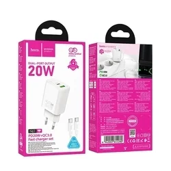 HOCO N61 - USB / Type-C (USB-C) portos fehér hálózati gyors töltőfej, 20W + Type-C / Type-C (USB-C) kábel, 1m-3