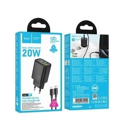 HOCO N61 - USB / Type-C (USB-C) portos fekete hálózati gyors töltőfej, 30W + Type-C / Type-C (USB-C) kábel, 1m-3