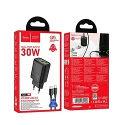 HOCO N63 - USB / Type-C (USB-C) portos fekete hálózati gyors töltőfej, 30W + Type-C / Type-C (USB-C) kábel, 1m-3
