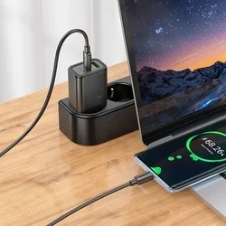 HOCO N63 - USB / Type-C (USB-C) portos fekete hálózati gyors töltőfej, 30W + Type-C / Type-C (USB-C) kábel, 1m-2