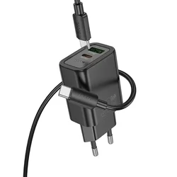 HOCO N63 - USB / Type-C (USB-C) portos fekete hálózati gyors töltőfej, 30W + Type-C / Type-C (USB-C) kábel, 1m-1
