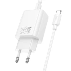 HOCO N63 - USB / Type-C (USB-C) portos fehér hálózati gyors töltőfej, 30W + Type-C / Type-C (USB-C) kábel, 1m-2