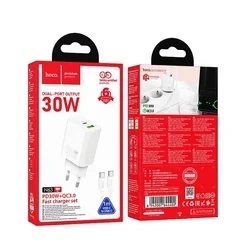 HOCO N63 - USB / Type-C (USB-C) portos fehér hálózati gyors töltőfej, 30W + Type-C / Type-C (USB-C) kábel, 1m-3