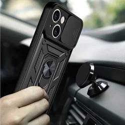 Telefontok iPhone 14 - Camshield - fekete szilikon tok, kitámasztó ujjgyűrűvel, csúsztatható kameravédővel-3