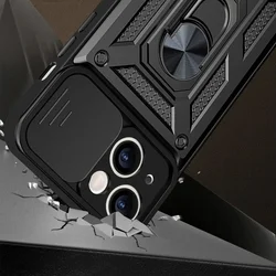 Telefontok iPhone 14 - Camshield - fekete szilikon tok, kitámasztó ujjgyűrűvel, csúsztatható kameravédővel-4