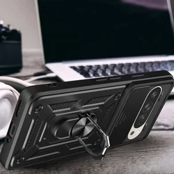 Telefontok Google Pixel 10 - Camshield - fekete szilikon tok, kitámasztó ujjgyűrűvel, csúsztatható kameravédővel-1