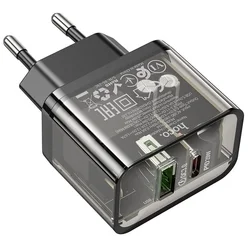 Hoco N34 - USB / Type-C (USB-C) portos átlátszó hálózati gyors töltőfej, 20W-2