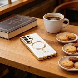  Telefontok Samsung Galaxy S26 Ultra - MagSafe kompatibilis átlátszó hátlap tok, arany szilikon kerettel-3