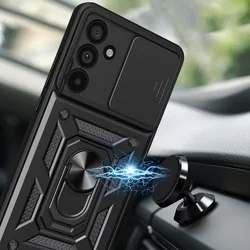 Telefontok Samsung Galaxy A27 5G - Camshield - fekete szilikon tok, kitámasztó ujjgyűrűvel, csúsztatható kameravédővel-1