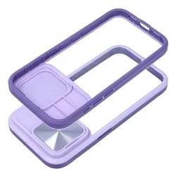 Telefontok iPhone 14 Pro - Slider csúsztatható kameravédős lila keretes hátlap tok, műanyag átlátszó hátlappal-1