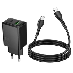 HOCO N71 - USB / Type-C (USB-C) portos fekete hálózati gyors töltőfej, 30W + Type-C / Type-C (USB-C) kábel, 1m-2