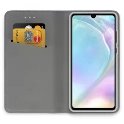 Huawei P30 Telefontok - arany mágneses átlátszó szilikon keretes könyvtok-1