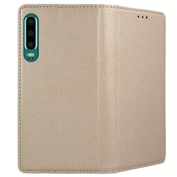 Huawei P30 Telefontok - arany mágneses átlátszó szilikon keretes könyvtok-2