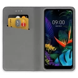 LG K50 / LG Q60 Telefontok - sötétkék mágneses átlátszó szilikon keretes könyvtok-1