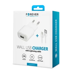Forever Töltő - fehér hálózati töltőfej + Lightning / USB kábel, 1A-3