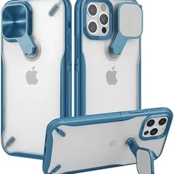iPhone 12 Pro Max Telefontok - Nillkin Cyclops - áttetsző kemény hátlaptok, kék szilikon kerettel, kitámasztható kamerafedéllel-3
