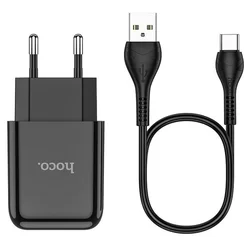 HOCO N2 Töltő - USB portos fekete hálózati töltőfej 2A + USB / Type-C (USB-C) adatkábel (1m)-2