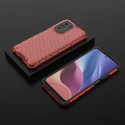 Xiaomi Poco F3 / Xiaomi Mi 11i Telefontok - Hexagon mintás ütésálló áttetsző piros műanyag tok, szilikon peremmel-3