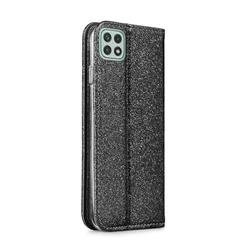 Samsung Galaxy A22 5G Telefontok - fekete Shiny mágneses szilikon keretes könyvtok-1