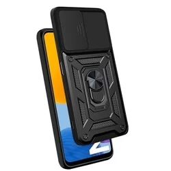Samsung Galaxy M23 5G Telefontok - Tech-Protect Camshield - fekete szilikon tok, kitámasztó ujjgyűrűvel, csúsztatható kameravédővel-1