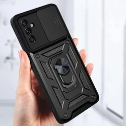 Samsung Galaxy M23 5G Telefontok - Tech-Protect Camshield - fekete szilikon tok, kitámasztó ujjgyűrűvel, csúsztatható kameravédővel-3