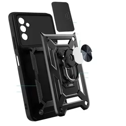 Samsung Galaxy M23 5G Telefontok - Tech-Protect Camshield - fekete szilikon tok, kitámasztó ujjgyűrűvel, csúsztatható kameravédővel-2