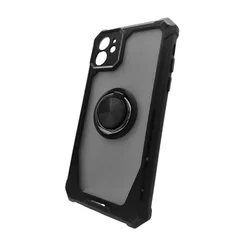 iPhone 11 Telefontok - Grip Defender - fekete szilikon keretes gyűrűs, kitámasztható, ütésálló áttetsző műanyag tok-1
