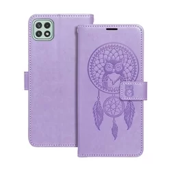 Samsung Galaxy A22 5G Telefontok - MEZZO bagoly mintás lila mágneses szilikon keretes könyvtok-1