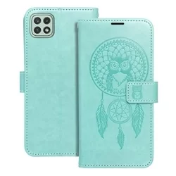 Samsung Galaxy A22 5G Telefontok - MEZZO bagoly mintás zöld mágneses szilikon keretes könyvtok-1