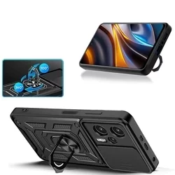 Telefontok Xiaomi Poco X4 GT 5G - Tech-Protect Camshield - fekete szilikon tok, kitámasztó ujjgyűrűvel, csúsztatható kameravédővel-1