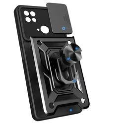 Xiaomi Poco C40 Telefontok - Camshield - fekete szilikon tok, kitámasztó ujjgyűrűvel, csúsztatható kameravédővel-1