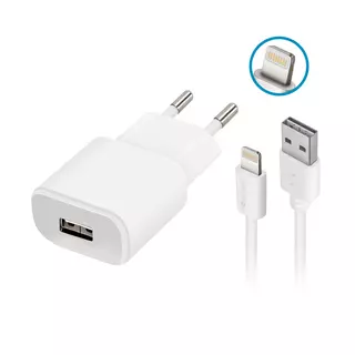 Forever Töltő - fehér hálózati töltőfej + Lightning / USB kábel, 1A