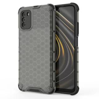 Xiaomi Poco M3 Telefontok - Hexagon mintás ütésálló fekete áttetsző műanyag tok, szilikon peremmel