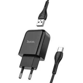 HOCO N2 Töltő - USB portos fekete hálózati töltőfej 2A + USB / Type-C (USB-C) adatkábel (1m)