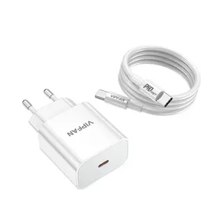 Vipfan E4S - hálózati töltőfej Type-C (USB-C) + kábel Type-C / Type-C, fehér 20W