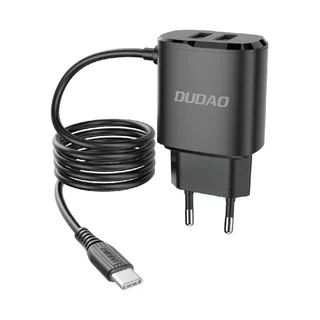 Dudao A2Pro Telefon töltő - fekete hálózati töltőfej 2xUSB porttal + beépített USB / Type-C (USB-C) kábel, 2,4A