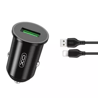 XO TZ12 Autós töltő- fekete autós gyorstöltő, 3A + fekete Lightning kábel (1m)