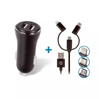 Autós töltő Forever CC03 - fekete univerzális töltő, 2xUSB, 2,4A + fekete MicroUSB / Lightning / Type-C (USB-C) kábel (1m)