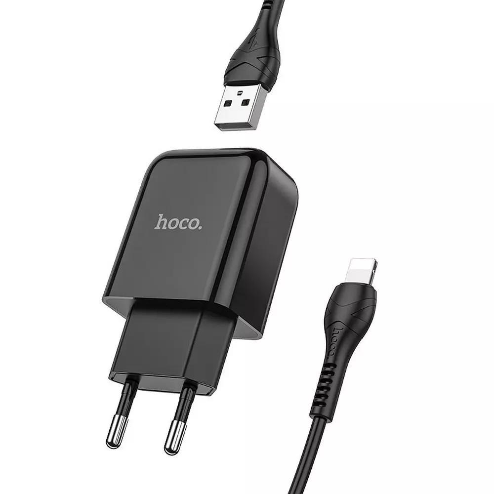 HOCO N2 Töltő - USB portos fekete hálózati töltőfej 2A + USB / Lightning kábel (1m)