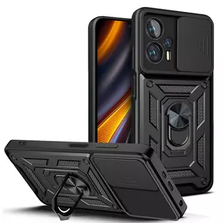 Telefontok Xiaomi Poco X4 GT 5G - Tech-Protect Camshield - fekete szilikon tok, kitámasztó ujjgyűrűvel, csúsztatható kameravédővel