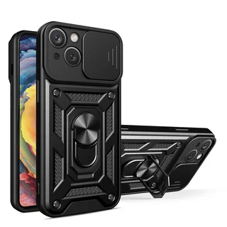 Telefontok Honor X6 - Camshield - fekete szilikon tok, kitámasztó ujjgyűrűvel, csúsztatható kameravédővel