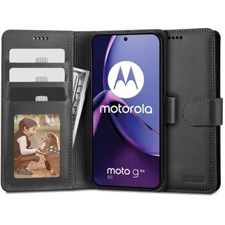Motorola Moto G84 5G Telefontok - fekete ráhajtófüles bőr könyvtok