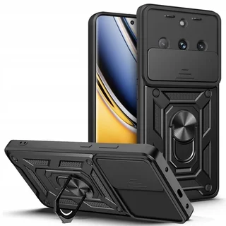Realme 11 Pro 5G Telefontok - Camshield - fekete szilikon tok, kitámasztó ujjgyűrűvel, csúsztatható kameravédővel